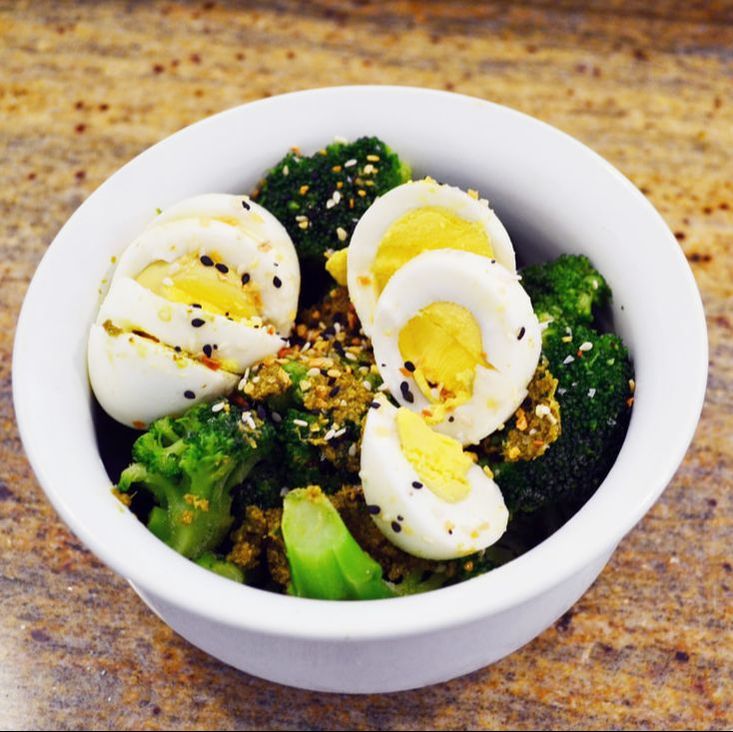 Healthy breakfast of hard boiled eggs, steamed vegetables and pesto