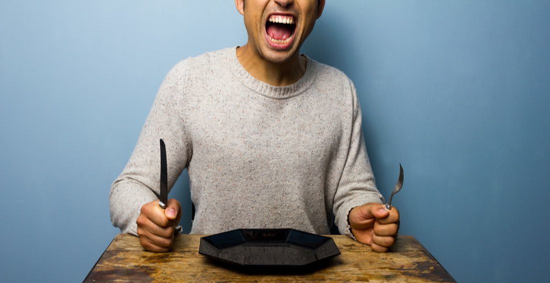 Man yelling about his empty plate, hangry article 